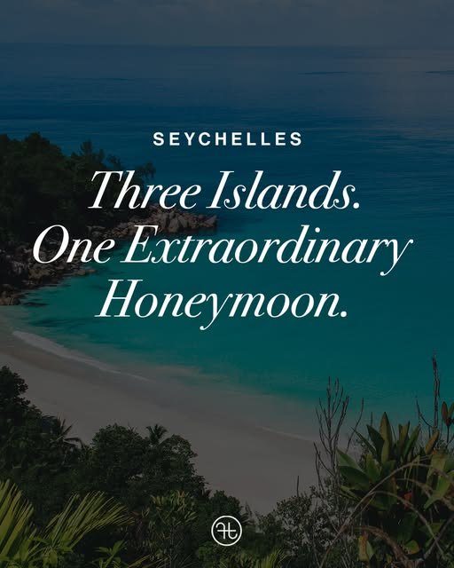 Instagram post for African Fusion Travel: Seychelles, Three Islands. One Extraordinary Honeymoon., over a turquoise bay and white beach