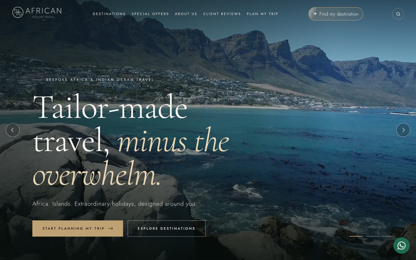 The new African Fusion Travel homepage on desktop: a full-screen travel photograph with the headline Tailor-made travel, minus the overwhelm, and a Start planning my trip button