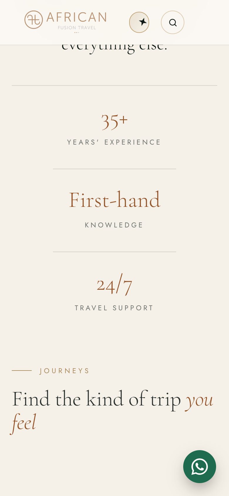 Further down the new African Fusion Travel homepage on a phone