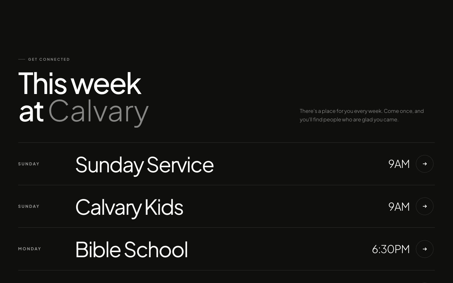 The This week at Calvary section, listing Sunday Service, Calvary Kids and Bible School with their times